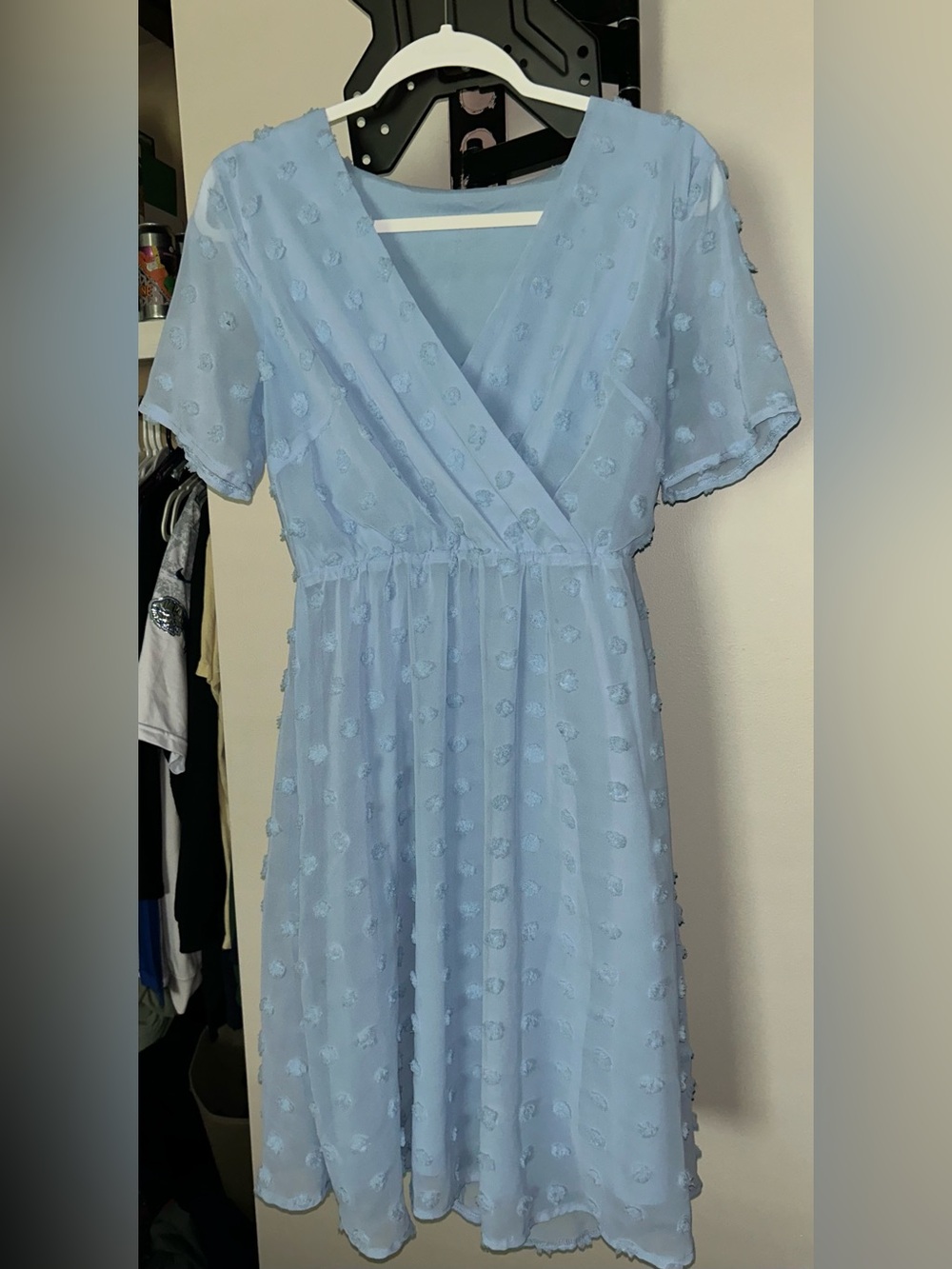 SHEIN Light Blue Textured Dot Faux-Wrap Midi Dress